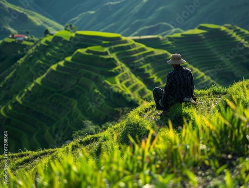 Hard at work, a farmer nurtures the terraced landscape, a vibrant tapestry of green unfolds photo
