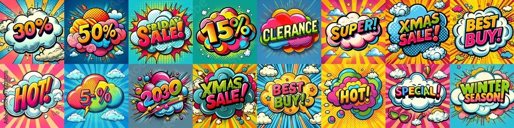 Sale stickers pop art style. AI generated illustration