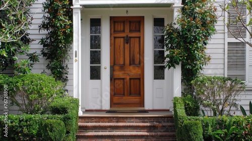 Beautiful Brown Wood Front Door of a Southern Residence with White Siding and Window Detailing