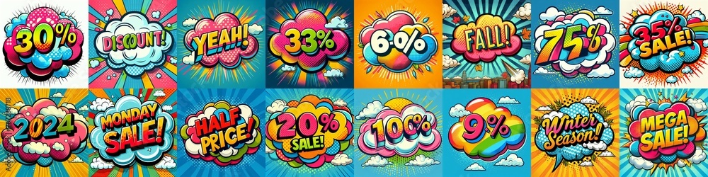 Sale stickers pop art style. AI generated illustration