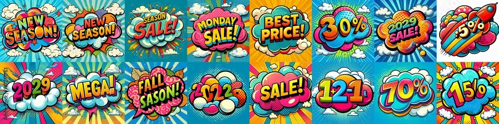 Sale stickers pop art style. AI generated illustration