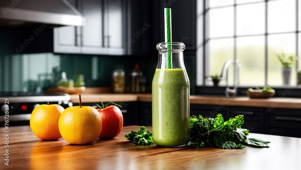 Healthy green smoothie with spinach, lemon and mint in a glass bottle on the kitchen table, Detox, diet, healthy, vegetarian food concept Healthy green smoothie with spinach, lemon and mint in a glass bottle on the kitchen table, Detox, diet, healthy, vegetarian food concept