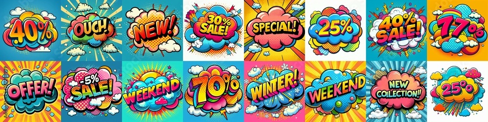 Fototapeta premium Sale stickers pop art style. AI generated illustration