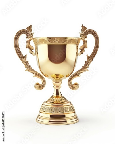 Gold Trophy Cup - First Place Winner Award with Champion Prize. Isolated on White Background. 3D Rendering