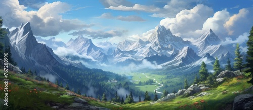 A stunning natural landscape painting of a mountain valley with trees and mountains in the background under a beautiful sky filled with fluffy cumulus clouds