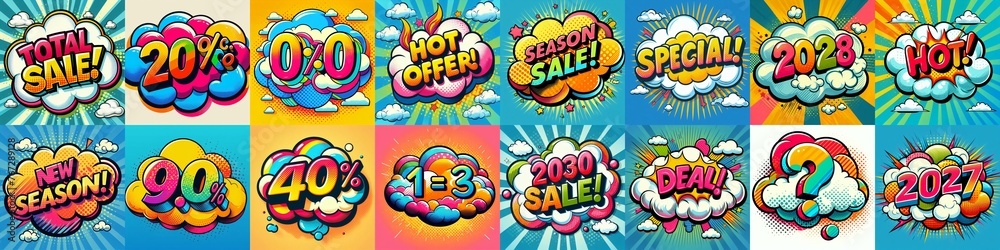 Sale stickers pop art style. AI generated illustration Sale stickers pop art style. AI generated illustration
