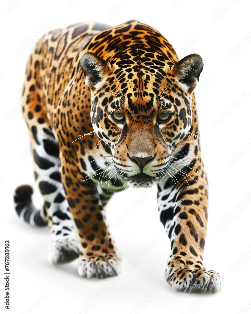 Jaguar - Majestic Wild Cat in Captivating Frontal View, Isolated on White Background with Shadow Effect Jaguar - Majestic Wild Cat in Captivating Frontal View, Isolated on White Background with Shadow Effect