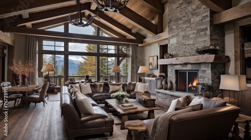 Mountain rustic great room with soaring wood beam ceilings reclaimed timber paneling and antique snowshoe and ski accents. © Aeman