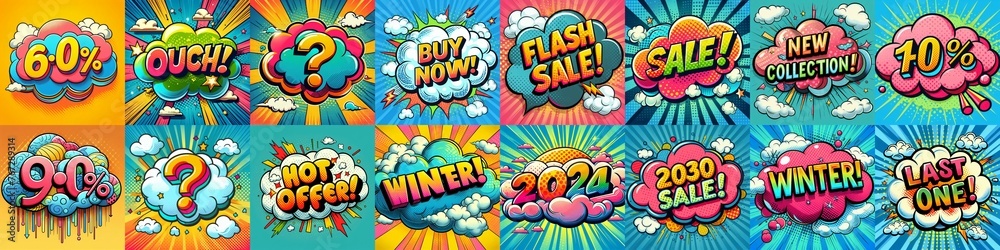 Sale stickers pop art style. AI generated illustration