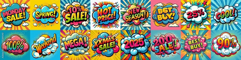 Fototapeta premium Sale stickers pop art style. AI generated illustration