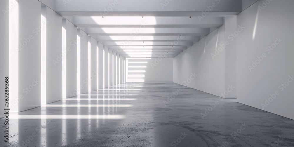 Obraz premium 3D render of an abstract white empty room with a long corridor and lights