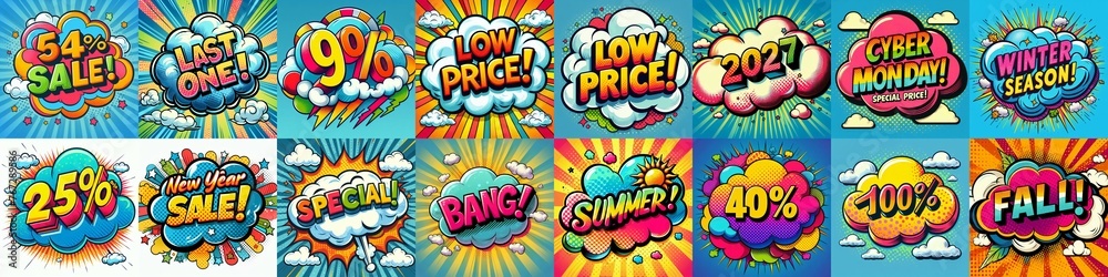 Fototapeta premium Sale stickers pop art style. AI generated illustration