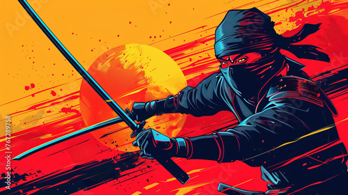 person with a knife sword ninja warrior retro ilustration paint color AI Generative