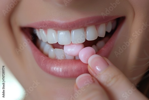 Woman Taking Pink Chewing Gum. Closeup of Eating Gum with White Teeth and Mouth