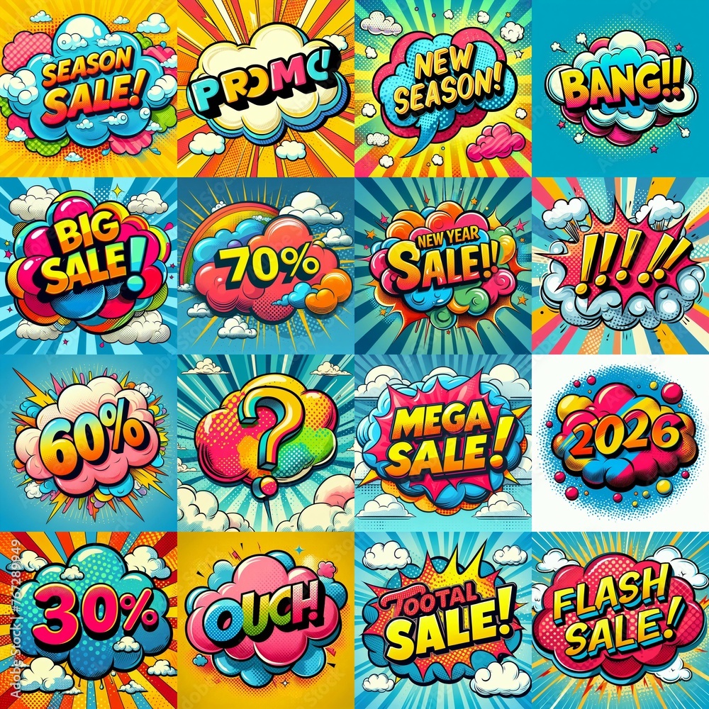 Sale stickers pop art style. AI generated illustration