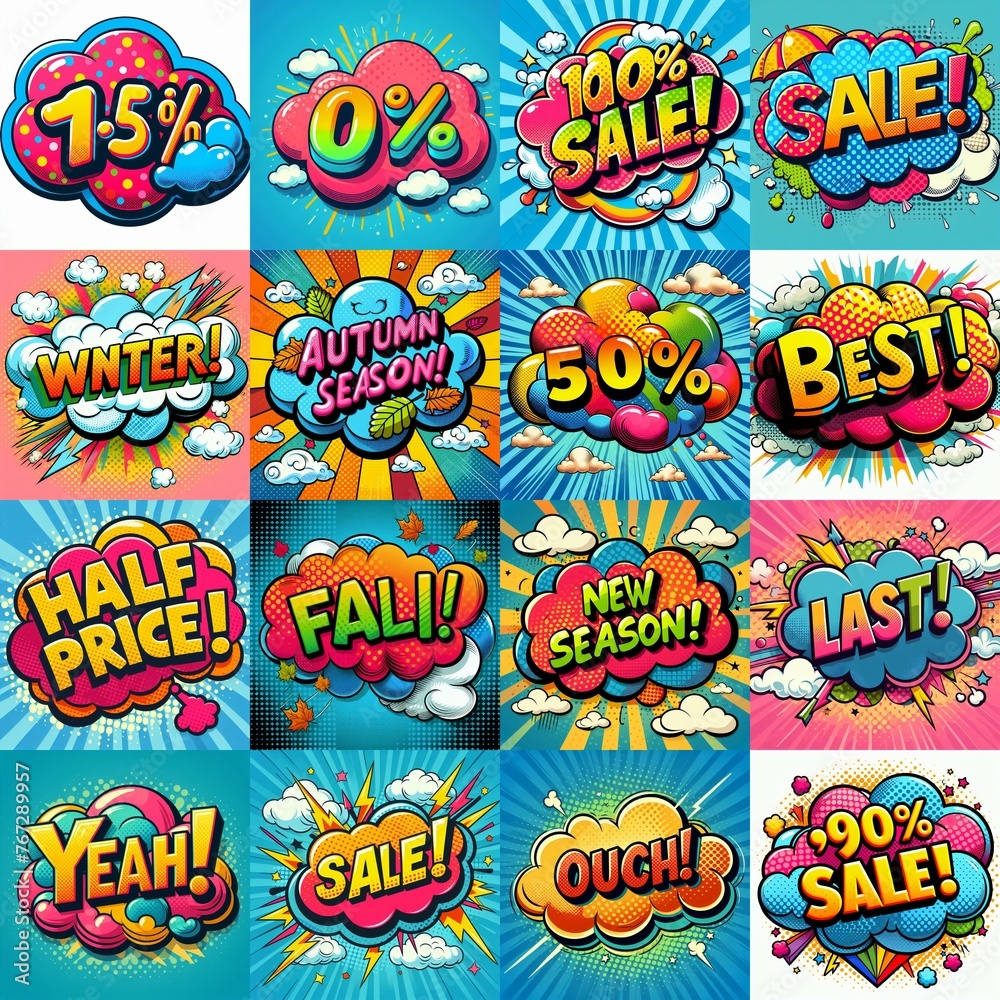 Sale stickers pop art style. AI generated illustration Sale stickers pop art style. AI generated illustration