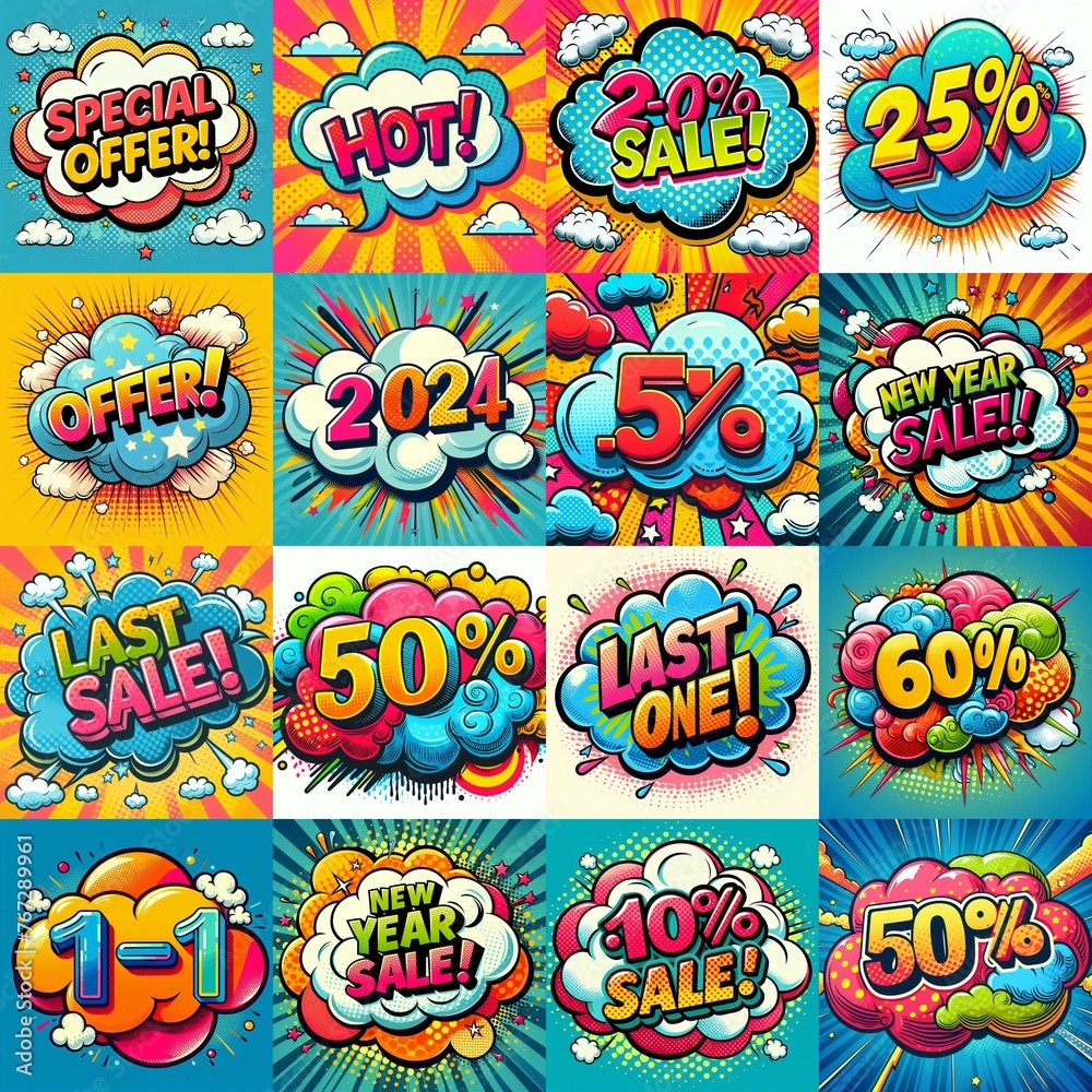 Sale stickers pop art style. AI generated illustration