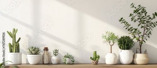 Scandinavian room with a design featuring plants like cacti and succulents in trendy pots on a brown shelf, against white walls. This embodies a modern, floral-themed home garden,