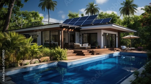 house with solar panels on the roof and pool © KRIS