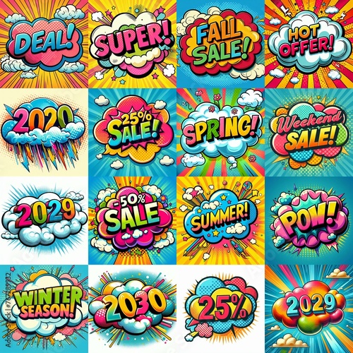 Sale stickers pop art style. AI generated illustration