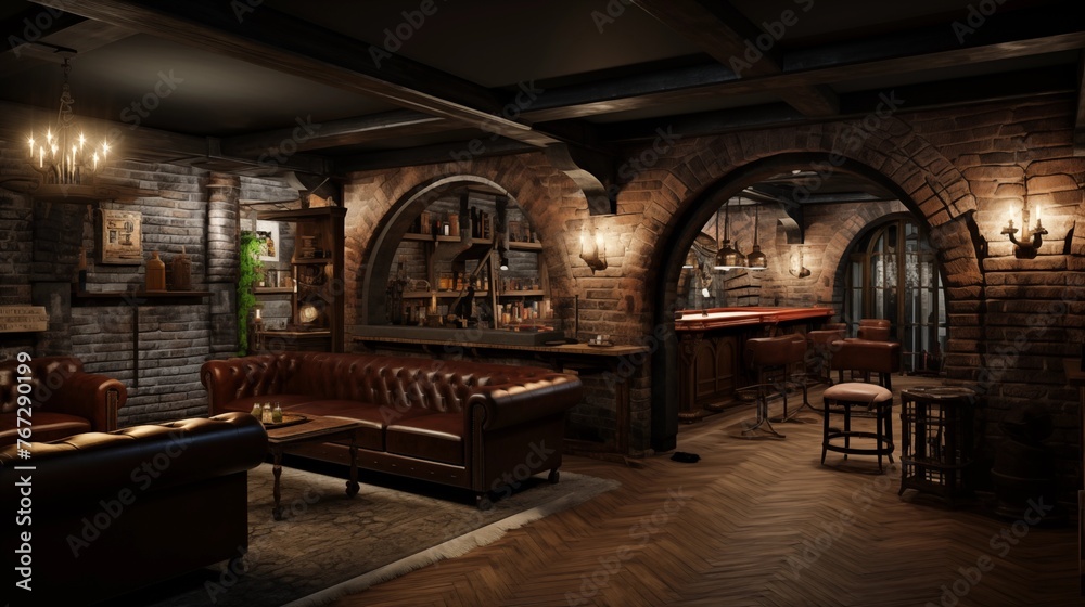 Old World inspired basement speakeasy lounge with brick archways wood beams antique bar and diamond plank wood floors.