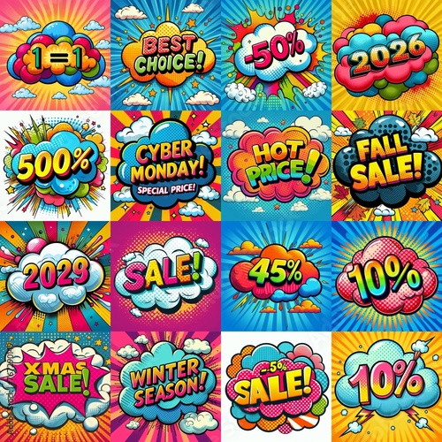 Sale stickers pop art style. AI generated illustration