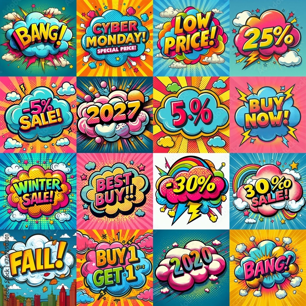 Sale stickers pop art style. AI generated illustration