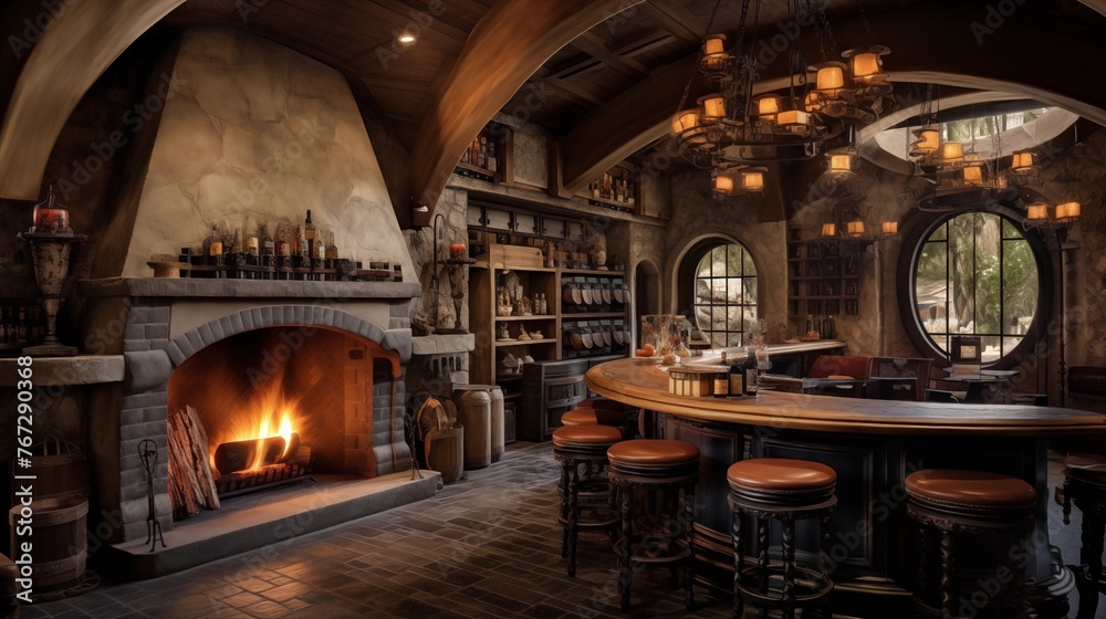 Old World-inspired home pub with arched brick barrel ceilings stone floors custom built-in bar back with tap system and cozy fireplace.