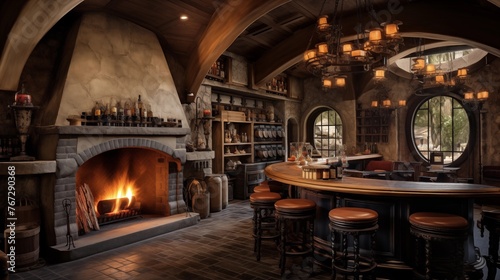Old World-inspired home pub with arched brick barrel ceilings stone floors custom built-in bar back with tap system and cozy fireplace.