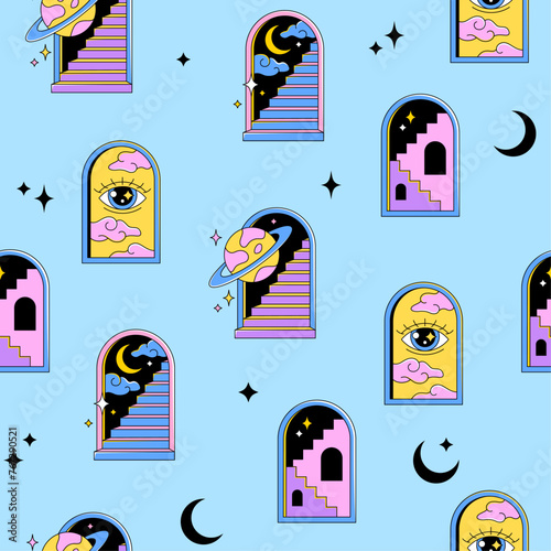 Arches with stairs, contemporary arch doors and windows seamless pattern, background. Boho, bohemian surreal abstract vector illustrations