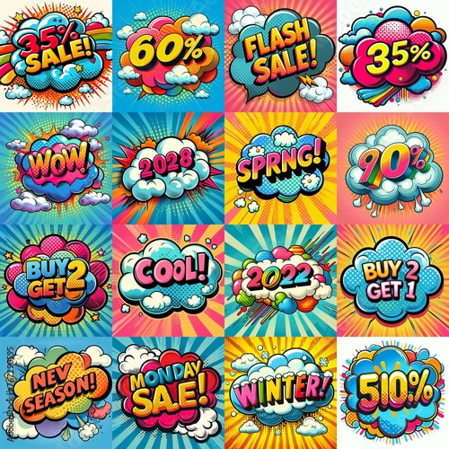 Sale stickers pop art style. AI generated illustration