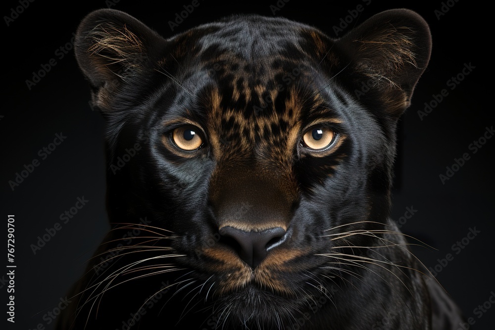 minimalistic design black leopard, panthera pardus, walking towards, staring at the camera and showing his teeth, isolated on white,