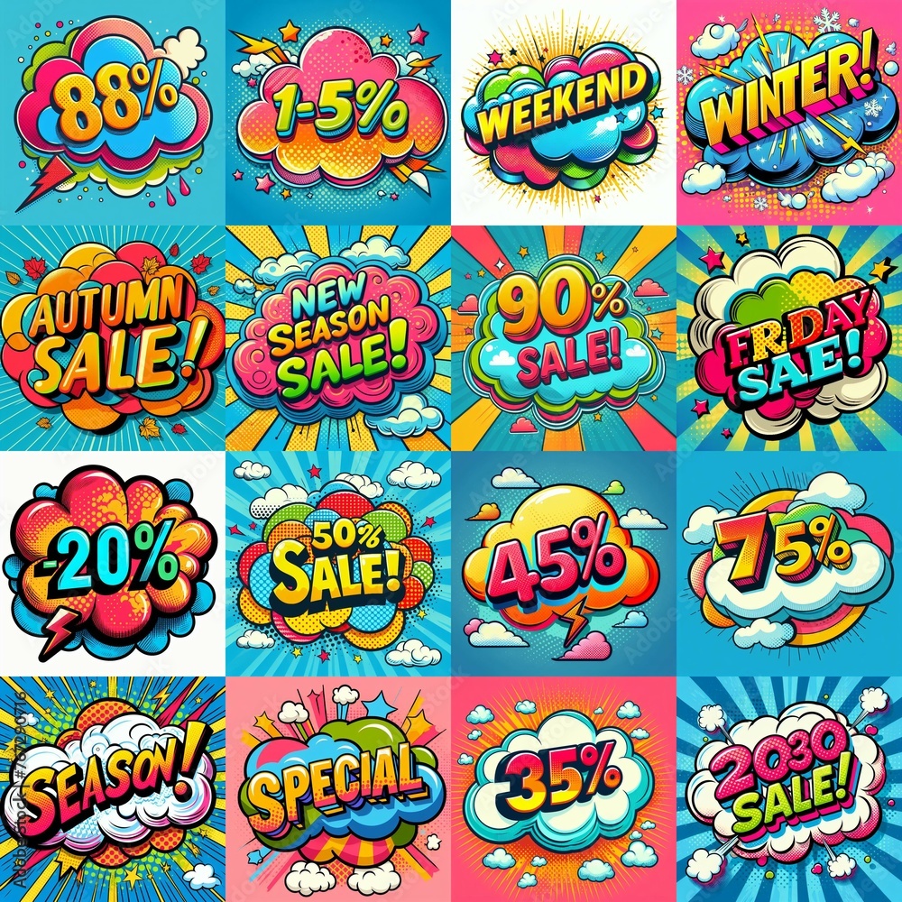 Sale stickers pop art style. AI generated illustration