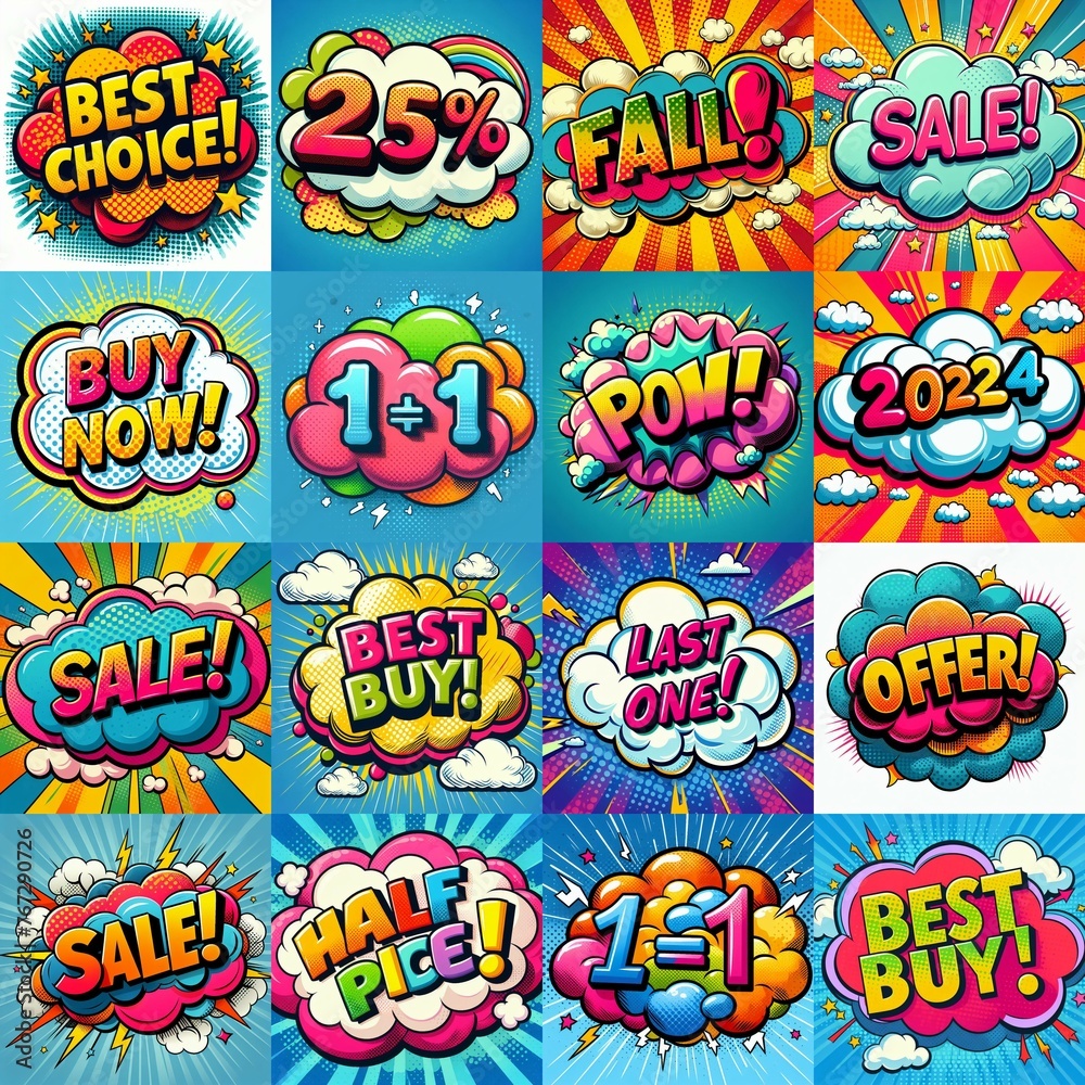 Sale stickers pop art style. AI generated illustration Sale stickers pop art style. AI generated illustration
