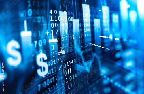 A stock market background with dollar signs and financial charts in a blue color scheme, with white numbers of a candlestick chart in the foreground Generative AI