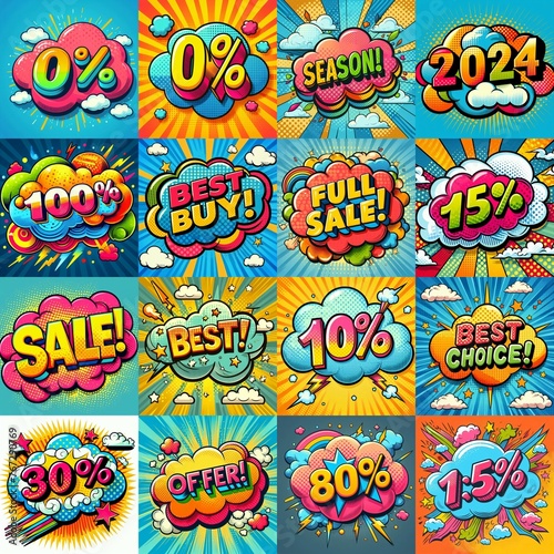 Sale stickers pop art style. AI generated illustration