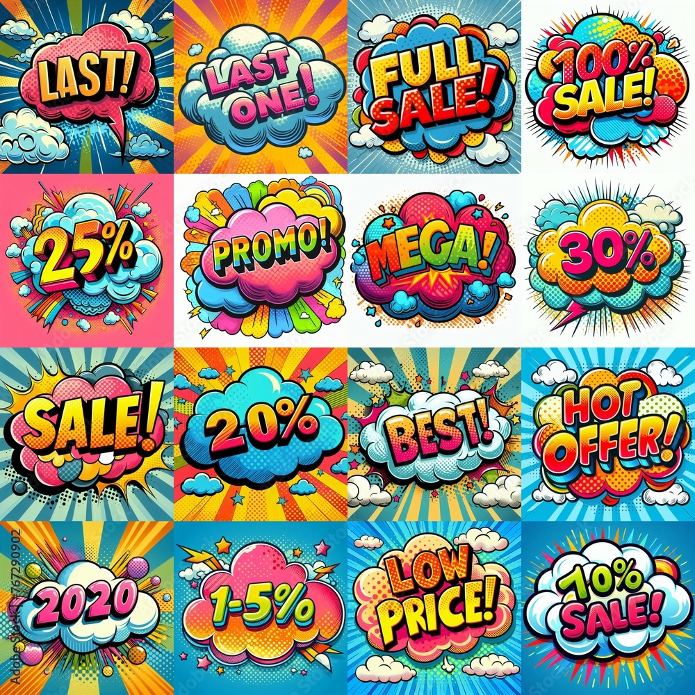 Sale stickers pop art style. AI generated illustration Sale stickers pop art style. AI generated illustration