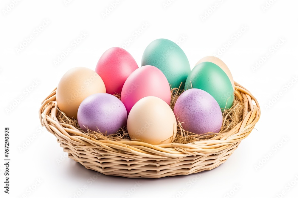 Multi colors Easter eggs in the woven basket isolated on white background with clipping path. Pastel color Easter eggs - generative ai