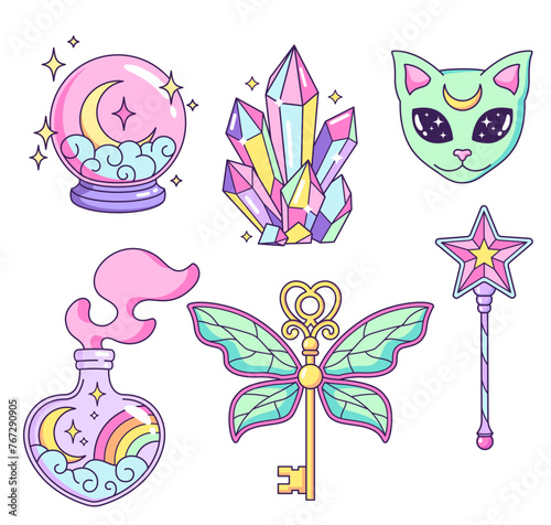 Magic, witchcraft, mystical, astrological, esoteric objects, icons, elements and symbols. Set of cartoon style vector illustrations.