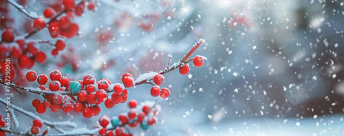 A close-up of a red winterberry holly branch covered in snow, with a blurred snowy background