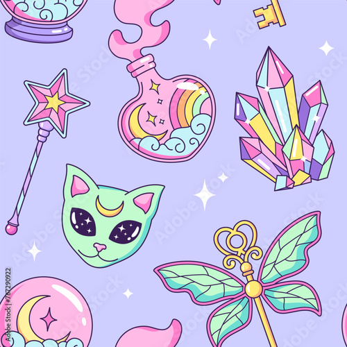 Magic, witchcraft, mystical, astrological, esoteric objects, icons, elements and symbols seamless pattern. Cartoon style vector illustrations.