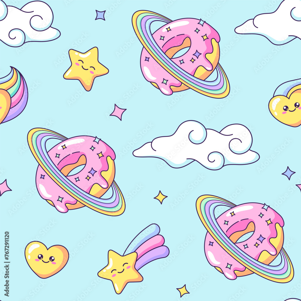 Space donut, doughnut planet with rainbow rings seamless pattern, background. Cute cartoon drawing, vector illustration with stars, hearts and clouds