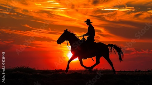 man with horse riding at sunset