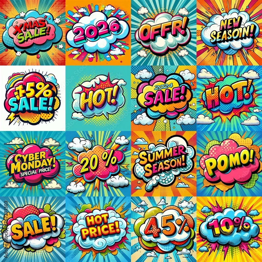 Sale stickers pop art style. AI generated illustration