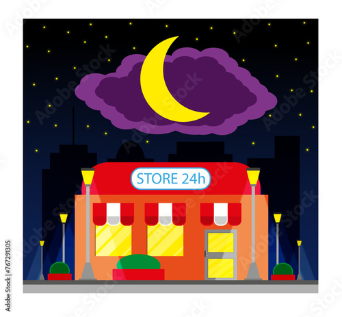 Vector e ilustración de almacén 24 horas en la ciudad durante la noche con estilo caricatura. 