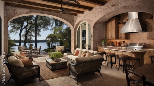 Open-air indoor/outdoor loggia kitchen and living area with bead board ceilings brick arches and scenic vistas. photo