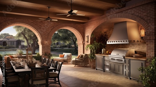 Open-air indoor/outdoor loggia kitchen and living area with bead board ceilings brick arches and scenic vistas.