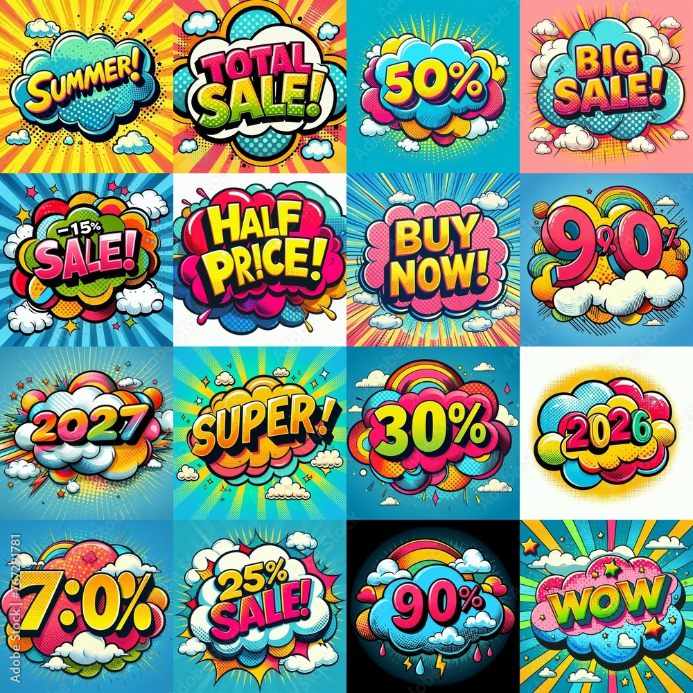 Sale stickers pop art style. AI generated illustration Sale stickers pop art style. AI generated illustration
