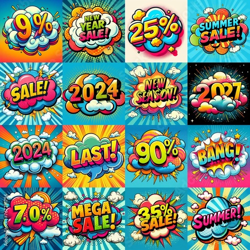 Sale stickers pop art style. AI generated illustration