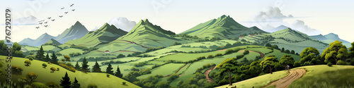 Wide panoramic wallpaper of hill country mountain landscape with green grass lands and mountain valley with bright sky and white clouds